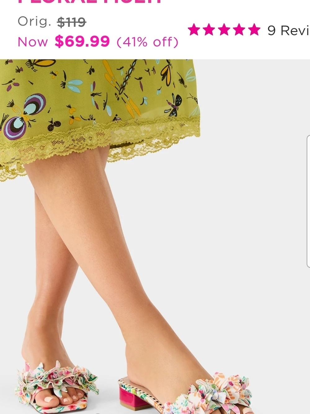 US 10 BETSEY JOHNSON-Floral Slip-On Mules in Chartreuse with Multicolor Bouquet
